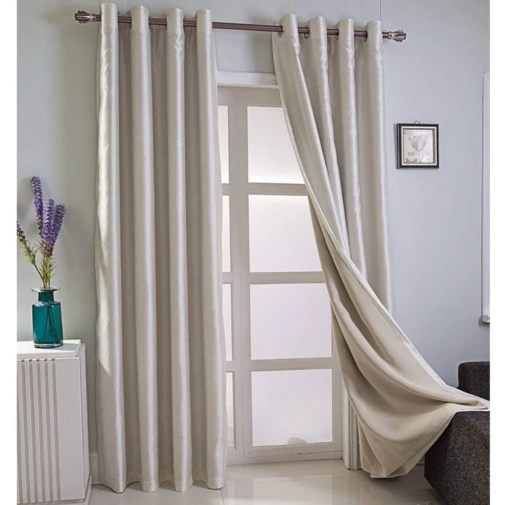 TWO PANELS Faux Silk Blackout Curtains Grommets, Insulated, Beige, 52